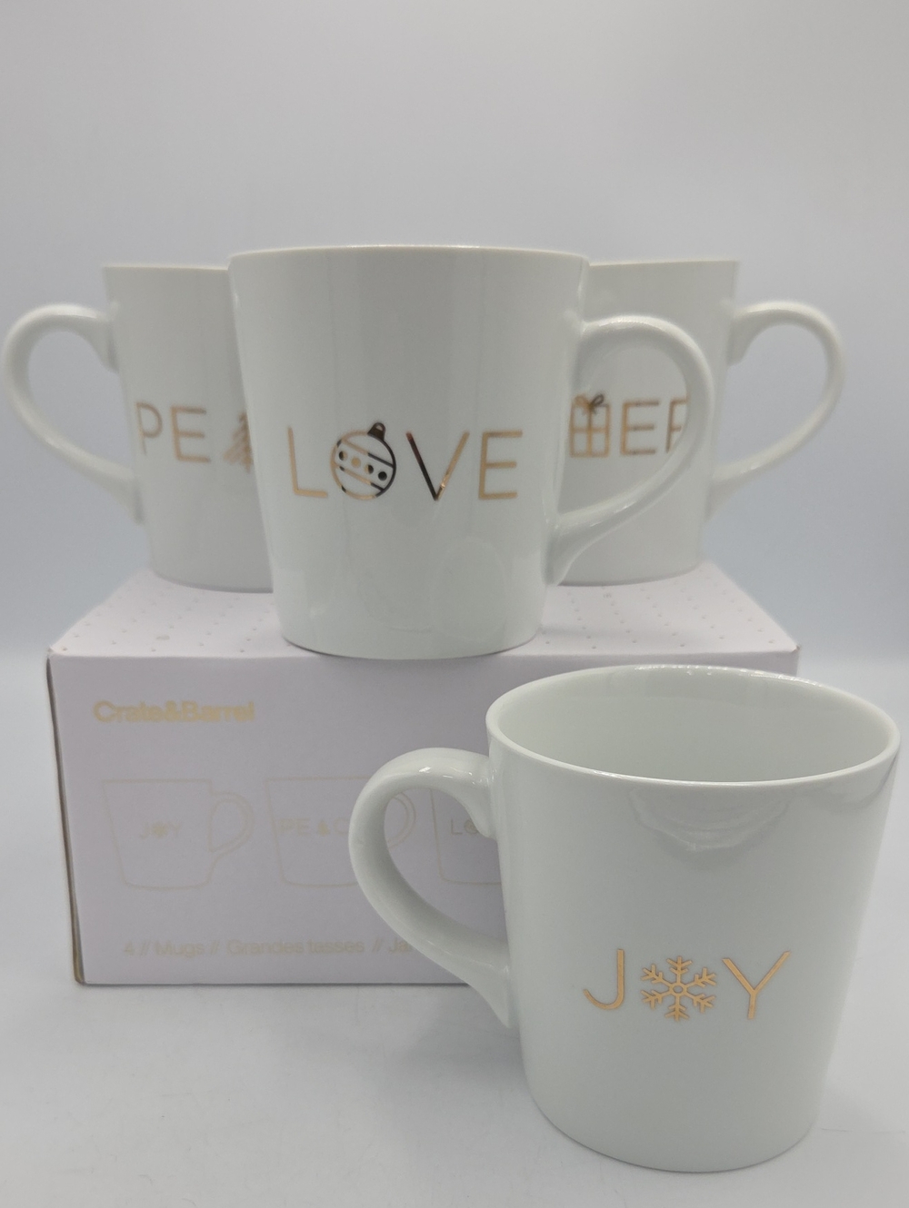 Crate&Barrel White Ceramic Holiday Mug Set with Gold Accents